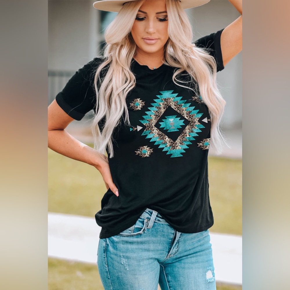 Black Western Aztec Printed Crewneck Graphic Tee - Picture 2 of 5